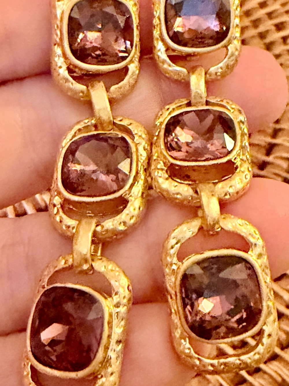 OSCAR DE LA RENTA Amethyst Crystal Earrings✨Gold Triple Drop Rectangles ✨CLIP ON - Picture 6 of 14